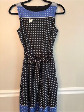 Talbots Black and Blue Sleeveless Printed Tie-Waist Dress
